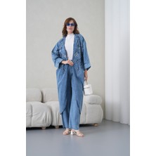 Miss Allos Kadın Önü Nakışlı Boncuk Işlemeli Kot Kimono Hırka ve Kot Pantolon Alt Üst Takım