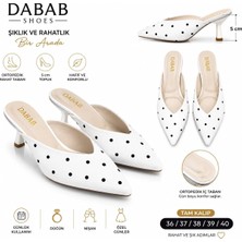Dabab Shoes Sevılla Puantiye Desenli Beyaz Saten Sivri Burunlu 5 cm Ince Topuklu Mule Terlik