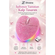 Zilvana Sevimli Parıltılı Kristal Taşlı Pembe Kalp Şeklinde Bilgisayar Faresi, LED Işıklı,2.4ghz ve Bluetooth,şarj Edilebilir USB Kablosuz Fare