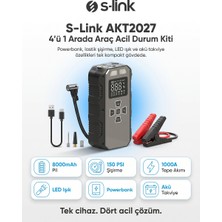 S-Link AKT2027 Koyu Gri 8000MAH 150 Psi 4 In1 Powerbank+ LED Işık Lastik Sisirme ve Akü Takviye Ciha