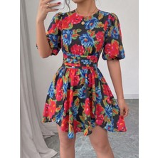 Mass Fashion Kadın Çiçek Desenli Şık Kısa Elbise