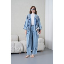Miss Allos Kadın Önü Nakışlı Boncuk Işlemeli Kot Kimono Hırka ve Kot Pantolon Alt Üst Takım