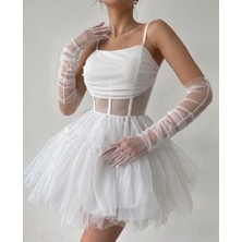 Mass Fashion Kadın Askılı Mini Tül Elbise