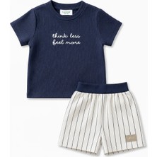 Noble Kids Kız Çocuk Crop Tişört ve Çizgili Şort Takım Lacivert