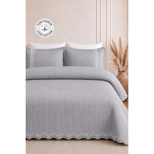 Evien Home %100 Pamuk Çift Kişilik Yatak Örtüsü Seti Mihrimah Dantelli Pike Takımı 3 Parça Gri