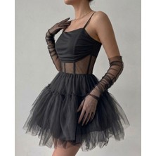 Mass Fashion Kadın Askılı Mini Tül Elbise
