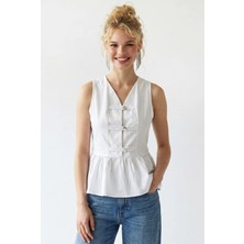 Mixray 4940 Kadın Poplin Volanlı Kolsuz Peplum Bluz Beyaz