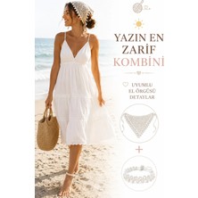 Neholia Kadın El Örgüsü Üçgen Bandana Halhal Ayak Bilekliği Hediyeli Bohem Yazlık Saç Bandanası Plaj Tatil Festival Aksesuarı