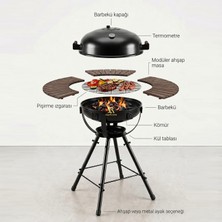 İmperiums BAZZ360 360° Masalı Kapaklı Kömürlü Barbekü Mangal – 55 cm Izgara, Termometreli, 92 cm Yükseklik, 120 cm Masa