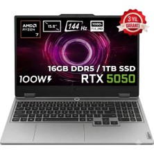 Lenovo LOQ 15AHP10 AMD Ryzen 7-250 16GB DDR5 1TB SSD RTX 5050 8GB 100W 15.6 Inç Full HD 144Hz IPS Freedos Gaming Laptop (83JG00BMTR)