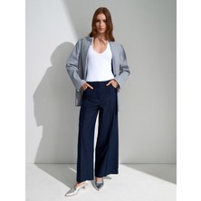 Dilvin 72728 Keten Karışımlı Geniş Paça Pantolon-Lacivert