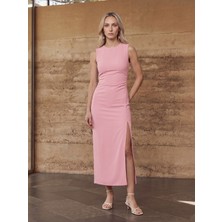 Dilvin 91704 Yırtmaç Detaylı Midi Elbise-Toz Pembe