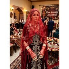 Zurafa Shop Kristal Boncuklu Kırmızı Gelin Kına Duvağı ve Kına Eldiveni Aksesuar Seti