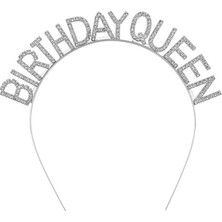 Skygo Gümüş Renk Kristal Taşlı Parlak Birthday Queen Yazılı Kraliçe Taç 16X17 cm