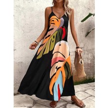 Lune Store Kadın Ip Askılı V Yakalı Desenli Süprem Maxi Elbise