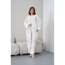 Miss Allos Kadın Önü Nakışlı Boncuk Işlemeli Keten Kimono Hırka ve Pantolon Alt Üst Takım