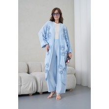 Miss Allos Kadın Önü Nakışlı Boncuk Işlemeli Keten Kimono Hırka ve Pantolon Alt Üst Takım