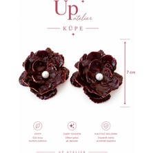 Up Atelier Parlak Incili Bordo Çiçek Küpe