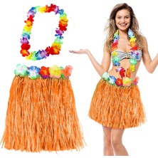 Çerçici Hawaii Luau Aloha Turuncu Püsküllü 40 cm Etek ve Hawaii Kolye Seti