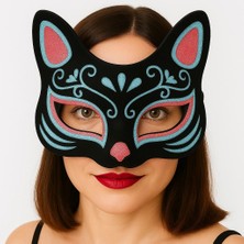 Çerçici Siyah Renk Süet Kaplama Üzeri Mavi Kırmızı Simli Kedi Maskesi 17X14 cm