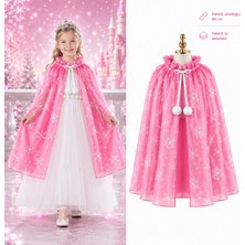 Çerçici Kar Tanesi Desenli Pembe Elsa Pelerini - Astarlı Frozen Pelerini 85 cm