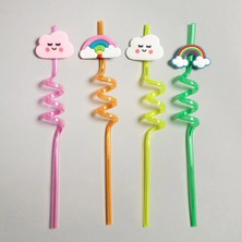 Çerçici 5 Parça Renkli Pipet Seti - Emojili Spiral Kokteyl- Çocuk Pipeti Temizleme Fırçalı