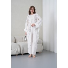 Miss Allos Kadın Önü Nakışlı Boncuk Işlemeli Keten Kimono Hırka ve Pantolon Alt Üst Takım