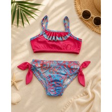 KR Kids Kız Çocuk Bağlamalı Bikini Takımı Tropikal Desenli Fırfır Detaylı Mayo Takımı