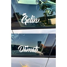 Mıgnatıs "Gelin & Damat" Yazılı Taçlı Papyonlu Araba Cam Stickerı - Düğün Arabası Cam Sticker Seti - Gelin Damat Yazılı Çıkartma 20CM