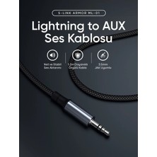 S-Link Armor Ml-01 120Cm Lightning To M Aux Örgülü Metal Başlıklı Siyah Ses Kablosu