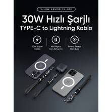 S-link Armor CL-020 30W 20 cm Type-C to Lightning PD Örgülü Metal Başlıklı Siyah Hızlı Şarj Kablosu