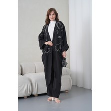Miss Allos Kadın Önü Nakışlı Boncuk Işlemeli Keten Kimono Hırka ve Pantolon Alt Üst Takım