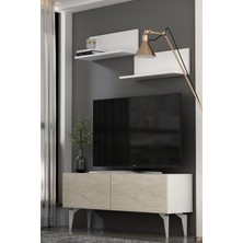 Dekortis Home Dekor 120DHDTÜR1BTG Sadem Raflı Tv Sehpası,ünitesi Beyaz-Traverten-Gümüş