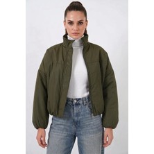 Kadın Yüksek Yaka Bomber Şişme Oversize Haki Mont