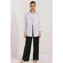 Kadın Oversize Çizgili Pamuklu Beyaz Gömlek