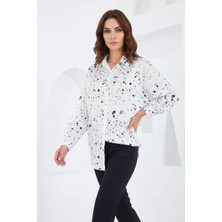 Kadın Oversize Desenli Saten Siyah Beyaz Gömlek