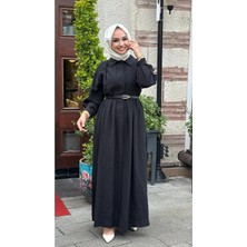 Nihle Kemer Detaylı Tencel Elbise - Siyah