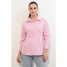 Kadın Belden Oturtmalı Pembe Gömlek