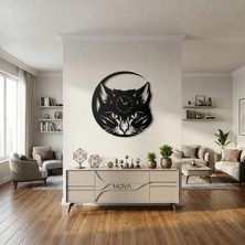 Mova Dizayn Modern Kedi Tasarımlı Metal Duvar Saati, 40 x 40 Cm, Siyah, Dekoratif Ev ve Ofis Aksesuarı