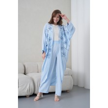 Miss Allos Kadın Önü Nakışlı Boncuk Işlemeli Keten Kimono Hırka ve Pantolon Alt Üst Takım