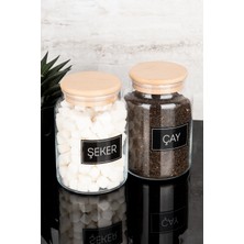 Dolkin Home 2'li Ahşap Vakum Kapaklı Çay Şeker Siyah Etiketli Cam Kavanoz Seti Saklama Kabı 800 ml