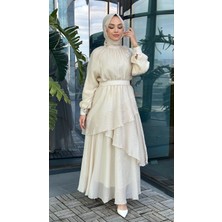 Nihle Kat Kat Volan Detaylı Tencel Elbise - Bej