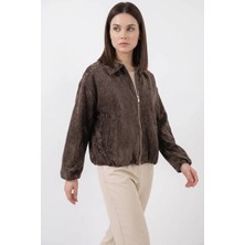 Kadın Klasik Yaka Normal Büzgülü Oversize Kadife Kahverengi Ceket