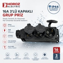 Horoz Elektrik Horoz Siyah 3lü Kapaklı Kauçuk Grup Priz IP44 Sertifikalı Su Geçirmez Dış Mekana Uygun 16 Amper