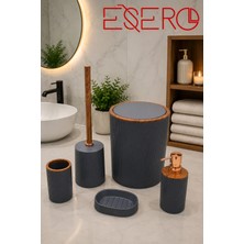 Esero 351GRİ 5 Parça Banyo Aksesuar Seti Gri Ahşap Detaylı Lüks Banyo Seti Sıvı Sabunluk Diş Fırçalık Sabunluk Çöp Kovası Klozet Fırçası