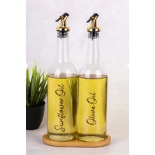 Dolkin Home 2li 750ML Cam Yağdanlık Seti Ahşap Stant Gold Tıpa Zeytinyağı Ayçiçek Yağı Yağlık Şişesi Sirkelik