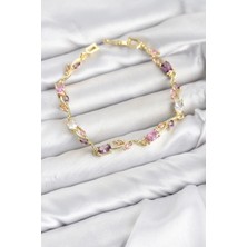 Sb Shopping Pirinç Gold Renk Pembe Mor Zirkon Taşlı Çiçek Model Kadın Bileklik