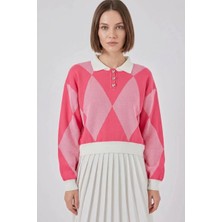 Kadın Gömlek Yaka Crop Baklava Desenli Triko Pembe Kazak