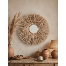 Furestan Home & Living El Yapımı Bohem Rafya  Duvar Aynası Ahşap Boncuk Detaylı Doğal Ev Dekoru