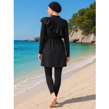 Maimoda Kadın Siyah Asimetrik Detaylı Boneli Taytlı 3 Parça Mayo Takım